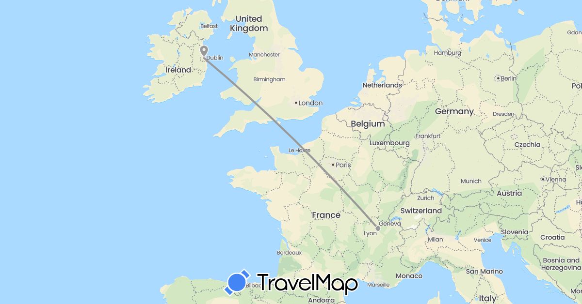 TravelMap itinerary: driving, plane in France, Ireland (Europe)